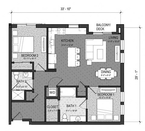 Floor plan for 2 beds, 2 baths, 1003 sqft